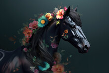 Image Of Black Horse Head Surrounded By Colorful Tropical Flowers. Wildlife Animals. Illustration, Generative AI.