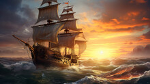 Pirate Ship Sailing On The Sea