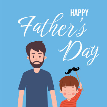 Wall Mural -  - Fathers day greeting card, man with his son, cartoon flat vector illustration on blue background.