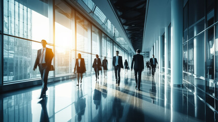 Time lapse image of busy business people on glass