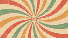 Vintage Burst, Circus Or Retro Carnival Sunlight Rays Background Layout. Vector Grungy Backdrop With Colorful Muted Curve Radiating Stripes Creating Hypnotic Effect, Evoking A Sense Of Nostalgia