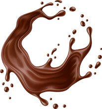 Realistic Chocolate Milk Round Splash Wave With Melted Drops. Vector 3d Dark Cocoa Drink And Dessert Food Swirl, Isolated Brown Whirlwind Of Hot Chocolate, Milk Shake, Choco Sauce Or Syrup Spill