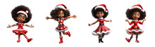 Set Of 3D Cartoon Character Happy Funny Child Girls In Red Christmas Santa Claus Costume Dancing Have Fun, Isolated On White And Transparent Background, Ai Generate