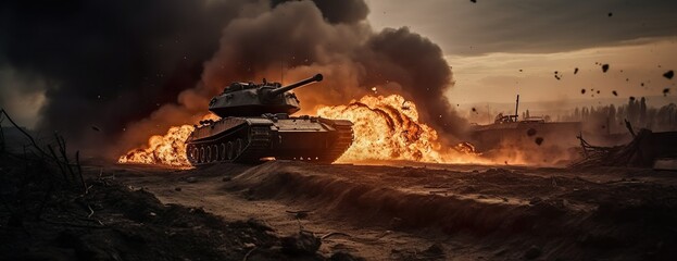 Inferno of Valor: Battle Tank Ignites the Desert Battlefield with Explosive Support, generative AI