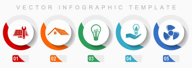 Poster - Renewable energy icon set, miscellaneous icons such as solar panel, house, light bulb and heater, flat design vector infographic template, web buttons in 5 color options