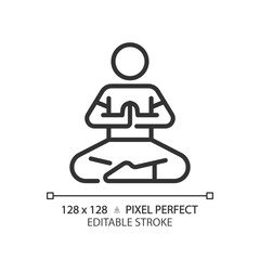 Wall Mural - 2D pixel perfect editable black prayer pose icon, isolated vector, meditation thin line illustration.