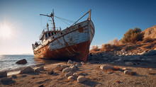 The Sandy Beach Of Cyprus Is Home To An Ancient, Rusty Ship, A Silent Relic Of Maritime History.