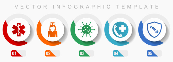 Aufkleber - Health and medicine icon set, miscellaneous icons such as emergency, nurse, virus amd vaccine, flat design vector infographic template, web buttons in 5 color options