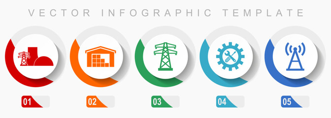 Aufkleber - Power and energy icon set, miscellaneous icons such as power plant, warehouse, powerline, service and antenna, flat design vector infographic template, web buttons in 5 color options
