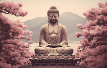 A Vintage Style Of Statue Of Amitabha Buddha In Meditation Pose With Pink Flowers, River And Mountain As Background