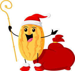 Wall Mural - Cartoon Christmas ripe raw melon fruit character wear Santa Claus hat, with wooden staff and gifts bag. Isolated vector xmas Father Noel personage deliver presents and spreading festive spirit and joy