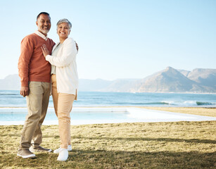 Canvas Print - Beach, mockup and happy senior couple on vacation or holiday together with love in nature at the sea or ocean. Elderly, man and portrait of woman relax with happiness, care on retirement bonding