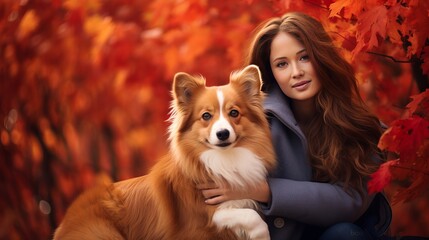 Pretty autumn woman in coat sits with her Welsh Corgi dog against bright red fall leaves and blue sky. Concept autumn dog walking