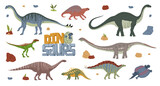 Fototapeta Dinusie - Cartoon dinosaur characters, vector prehistoric monster animals and cute baby dino personages. Happy melanorosaurus, eoraptor, henodus and lotosaurus, shunosaurus, wuerhosaurus, apatosaurus dinosaurs