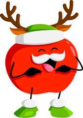 Wall Mural - Cartoon cheerful Christmas holiday red apple fruit character wearing reindeer horns. Isolated vector garden fruit personage radiating joy and celebration, creates a merry and healthy holiday ambiance