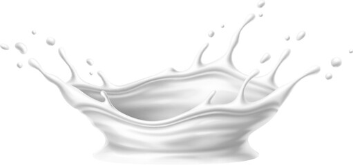 Liquid white yogurt or milk cream flow corona splash with drops. Isolated realistic 3d vector dairy product crown drip with scattered droplets suspended in a motion and fluidity mid-air