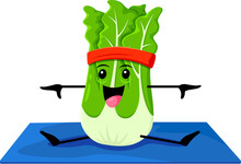 Cartoon chinese cabbage vegetable character on yoga fitness sport. Funny vector nutritious veggies sitting on mat, doing asana pose, promoting a healthy lifestyle and physical activity to all ages