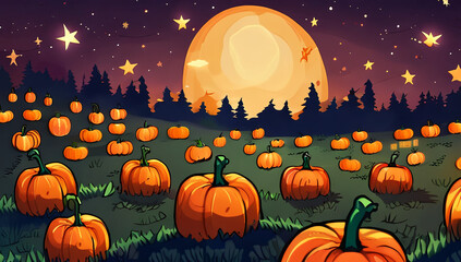 a magical pumpkin patch aglow with pumpkins of various sizes, each emitting a soft, warm light under