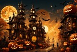 Fototapeta Big Ben - Halloween. Steampunk trifft auf Halloween. Schaurig schöne Kulisse einer halloweenbeleuchteten Steampunkstadt.