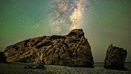 Poster - timelapse captures a man lying on the beach, gazing at the night sky beside a vast boulder.