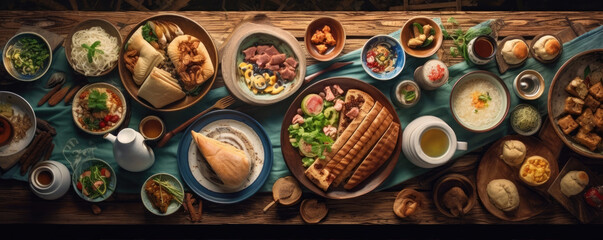 Assorted oriental traditional food. top view. panorama photo