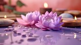 Fototapeta Kwiaty - lotus flowers in the water and zen stones with scented candles, spa and wellness concept