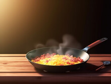 Scramble In A Frying Pan With Bacon On A Dark Wooden Background. Generated AI. The Concept Of A Delicious And Nutritious Breakfast.