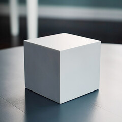 White cube empty for product demonstration or mock-up on a dark table in office interrior. Generated AI. Trendy neutral aesthetic stand.
