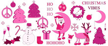 Big Pink Christmas Set With Groovy Xmas Character In Trendy Y2K Style. Collection Of Holiday Icon, Sticker, Symbol And Elements Isolated On White Background. Vector Art. Emoticon Santa, Reindeer.
