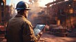 © Анастасия Козырева - Industrial worker using tablet computer in construction site.