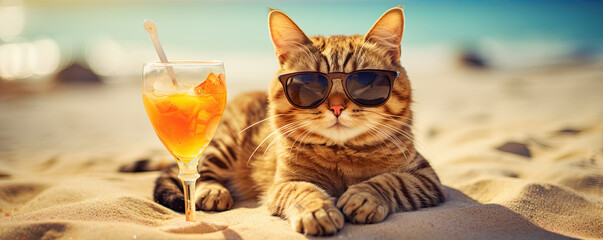 Funny cat with sunglasses on tropical bech drinking fresh juice. Cool cat concept