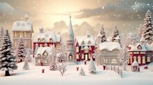 Christmas Village With Snow In Vintage Style. Winter Village Landscape. Christmas Holidays. Christmas Card. 3d Illustration