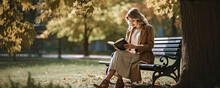Beautiful Middle Age Woman Reading Book In Green Park. Copy Space For Text. Relaxation With Read Book Concept.