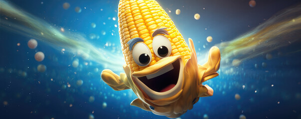 Fancy corn cob character with eyes and mouth smilling, flying in space.  Corn astronaut.