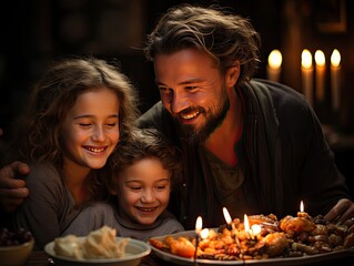 Heartwarming Thanksgiving family gathering dinner, traditional, holiday feast, soft lighting, dining table, joyous photograph, warm mood, minimalistic photo manipulation technique