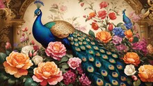 "Regal Elegance: Craft An Image Of A Majestic Peacock Amid Exotic Flowers In Vintage Style"