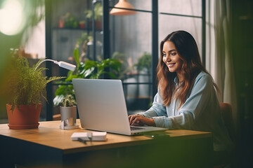 Young woman, female latin employee using laptop remote working at home office looking at computer talking having hybrid virtual meeting learning english communicating by video call, elearning webinar