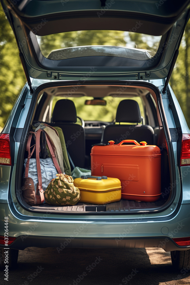Suitcases and bags in trunk of car ready to depart for holidays