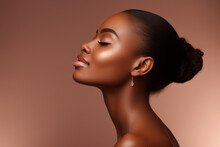 Beautiful Sensual Sexy Young Black African Ethnic Woman Model Posing Profile Side Face Touching Chin On Brown Background