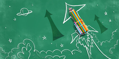 Wall Mural - Back to school theme with hand drawn rocket and pencils - Flat lay