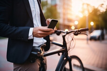 Business Man Holding Smartphone Using Bike Rental Digital Phone App Scanning Qr Code To Rent Electric Bicycle In City