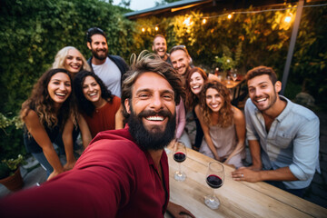 Man with friends taking selfie with his smart phone