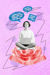 Sticker - Vertical design collage artwork of young thoughtful woman sitting pink rose flower copywriter laptop discussion isolated on pink background