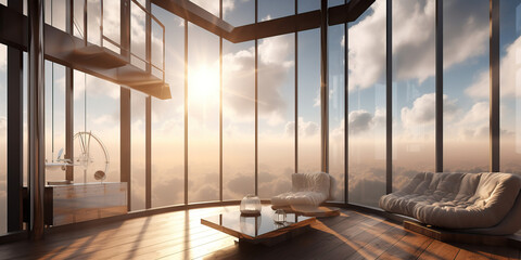 Wall Mural - Interior of an opulent penthouse suite in a very tall building surrounded above the clouds by sunlight breaking through