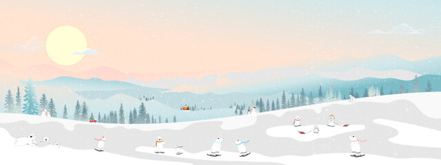 Winter landscape,Christmas night with cute polar bear family playing ice skate on hills,Vector banner Winter wonderland bear celebrating in forest,Merry Christmas card,New year 2024 background