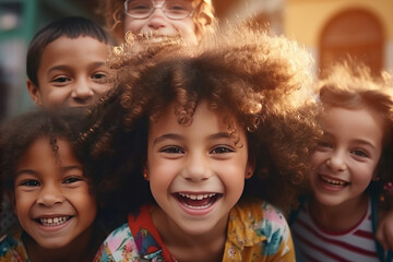 happy faces of children close up. background with happy children aged 6-9 years. generative ai