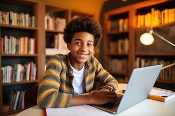 Happy African American teen student elearning at home on pc, writing notes. Smiling teenage girl using laptop watching webinar, hybrid learning english online virtual class, sitting at home table