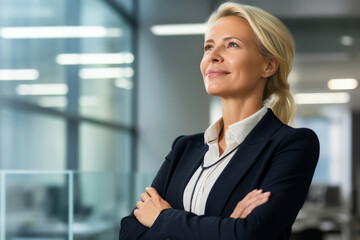 Wall Mural - Happy proud prosperous mid aged mature professional business woman ceo executive wearing suit standing in office arms crossed looking away thinking of success, leadership, side profile view