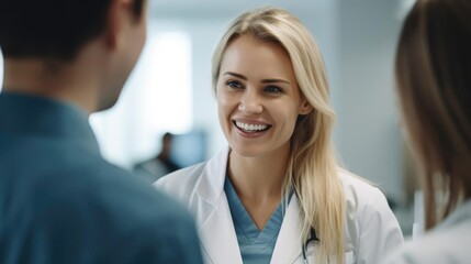 Wall Mural - Smiling blonde female doctor talking to her colleagues