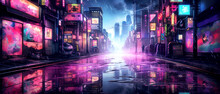 Tokyo City By Night, City Street Fog At Night Time With Colorful Light And Graffiti Wall
